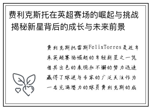 费利克斯托在英超赛场的崛起与挑战 揭秘新星背后的成长与未来前景