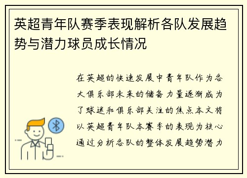 英超青年队赛季表现解析各队发展趋势与潜力球员成长情况